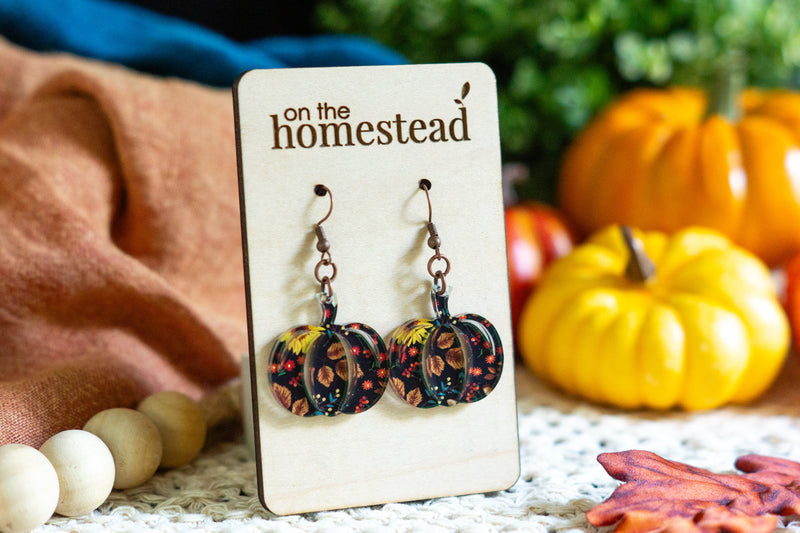 Floral Pumpkin Earrings - Black